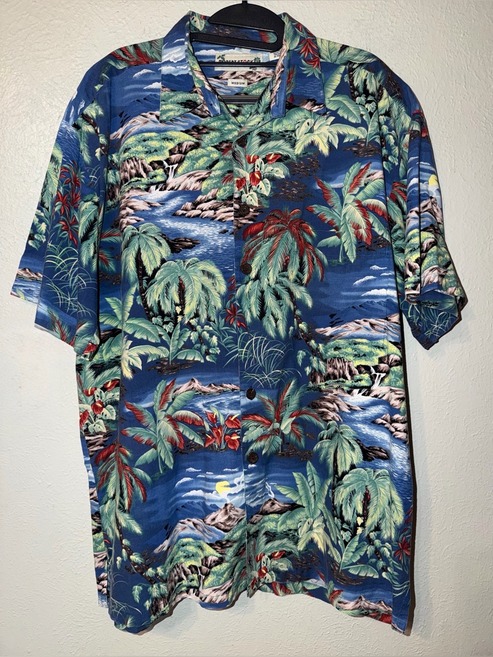 Vintage Robert Stock Hawaiian Tropical Palm Trees Print Button Down Cafe Shirt M - Picture 1 of 12